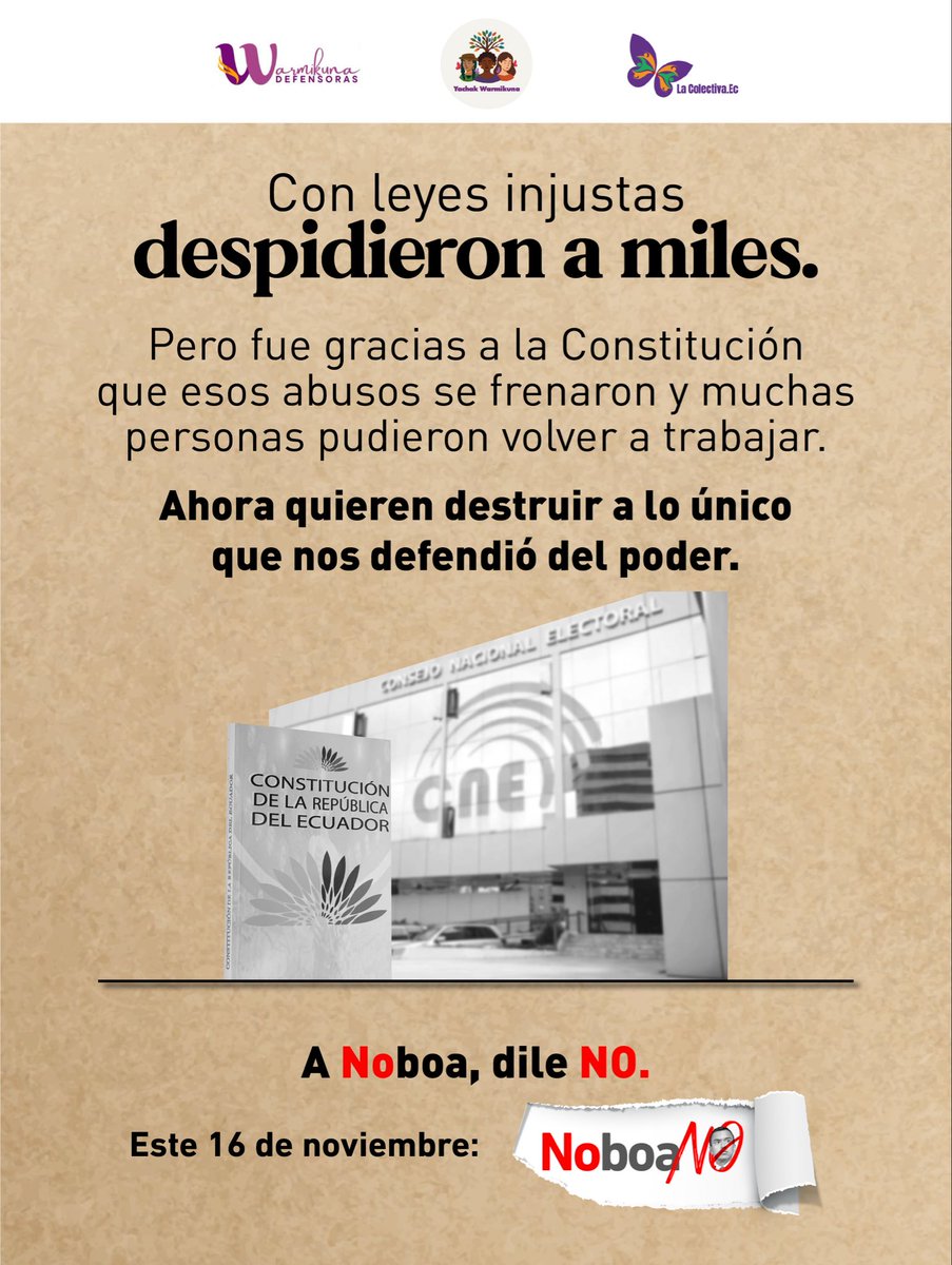 WarmiDef's tweet photo. Cuando un gobierno quiere cambiar las reglas para concentrar más poder, los derechos de la gente son los primeros en peligrar.
Hoy nos toca defender lo que protege a las mayorías, no a los que concentran el poder.

Este 16 de noviembre: a las mentiras, al abuso y a Noboa, dile NO https://t.co/FPfrUItKOx