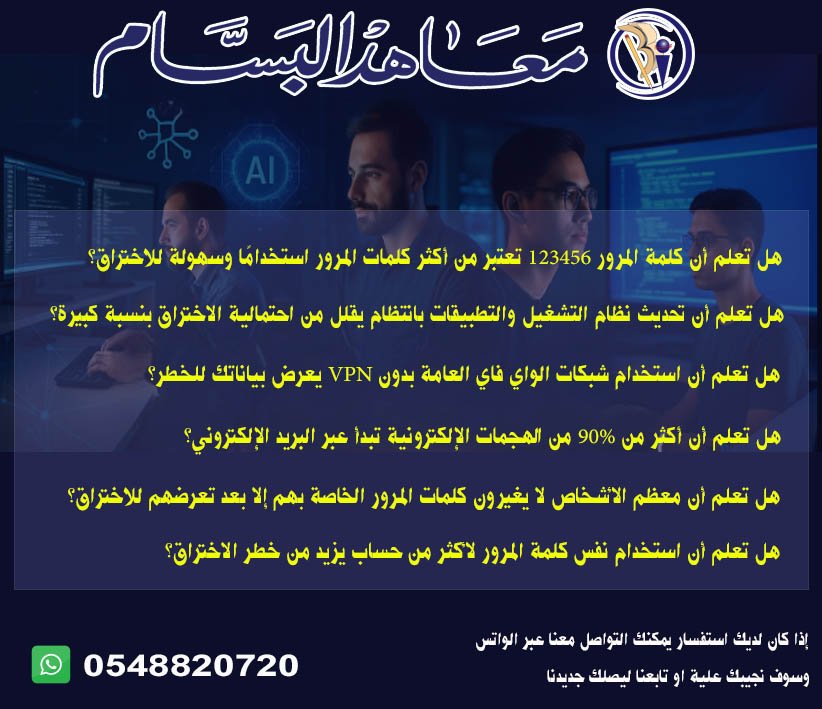 معلومة في دقيقة
للإجابة على استفساراتك يمكنك متابعتنا على منصة اكس او انستجرام او التواصل معنا عبر  الواتس أب 0548820720
للتسجيل في برامجنا من خلال الرابط
goo.gl/enxq12

#عروض #اللغة_الإنجليزية #دبلوم #كمبيوتر #موارد_بشرية #تقنية_شبكات #الامن_السيبراني