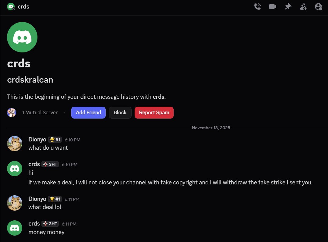Diionyo's tweet image. Hey @TeamYouTube, mein YouTube Kanal wird in Zukunft mithilfe von Fake-Strikes gesperrt. Dasselbe ist bereits vor 3 Jahren passiert. Könntet ihr da bitte etwas unternehmen? 
würde mich btw auch über jeden like/repost freuen damit das schneller bearbeitet wird 🙏🙏