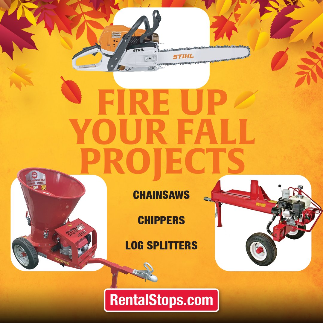 RentalStops's tweet image. Fire Up Your Fall Projects! Whether it’s clearing out brush or sprucing up your yard, our chainsaws, chippers, and log splitters make it easy. 972-336-0059 #ThankfulForTools #FallProjects #EquipmentRental