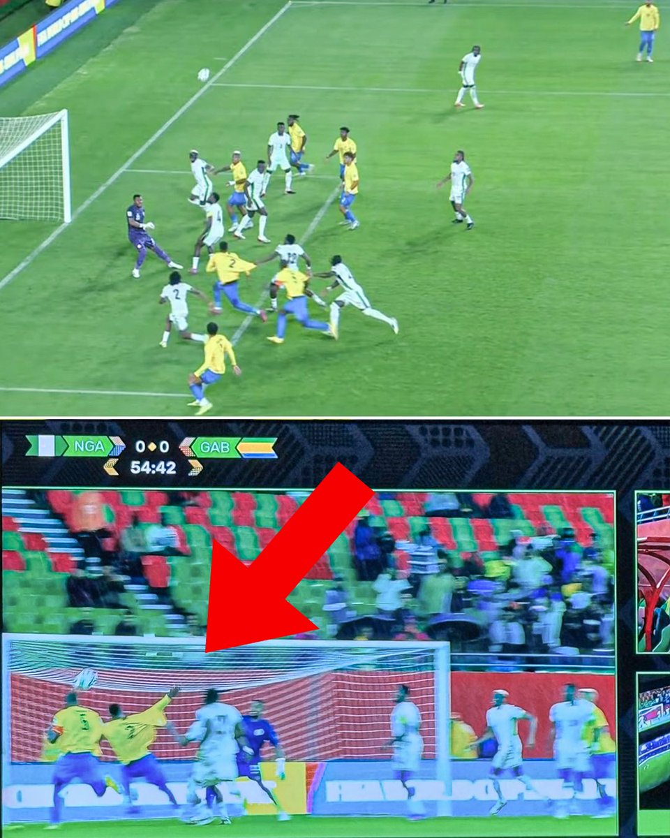 VAR concluded there was no penalty for Gabon on this shirt tug by Nigeria.