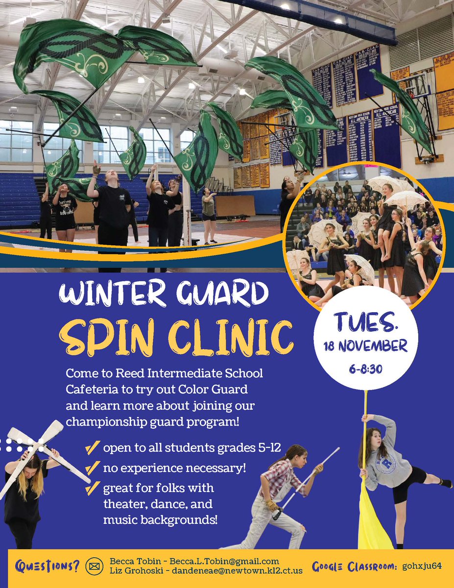 NHS_TWEETS's tweet photo. WINTER GUARD SPIN CLINIC
Come to Reed Intermediate School Cafeteria to try out Color Guard and learn more about joining our champion guard program!
Tuesday November 18th 6-8:30 pm 
open to all students grades 5-12
no experience necessary https://t.co/GkTDjOPk0C
