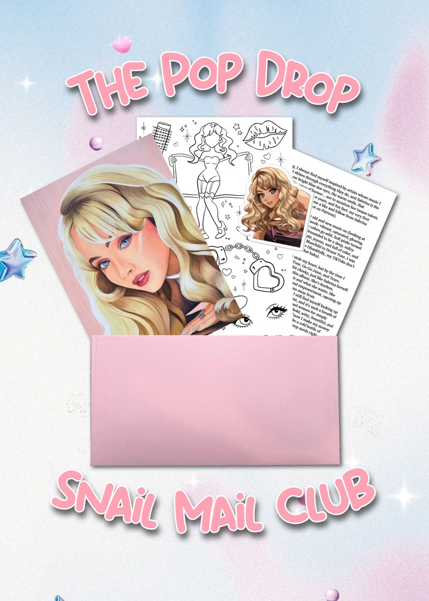Looking for a Monthly Snail Mail Club centered around pop stars and music? Meet The Pop Drop !! December is Sabrina Carpenter themed ♡ 
includes one (1) 5x7 print, coloring page, letter, a sticker, and a spotify playlist! #snailmail #mailclub 
patreon.com/c/artofkristin…