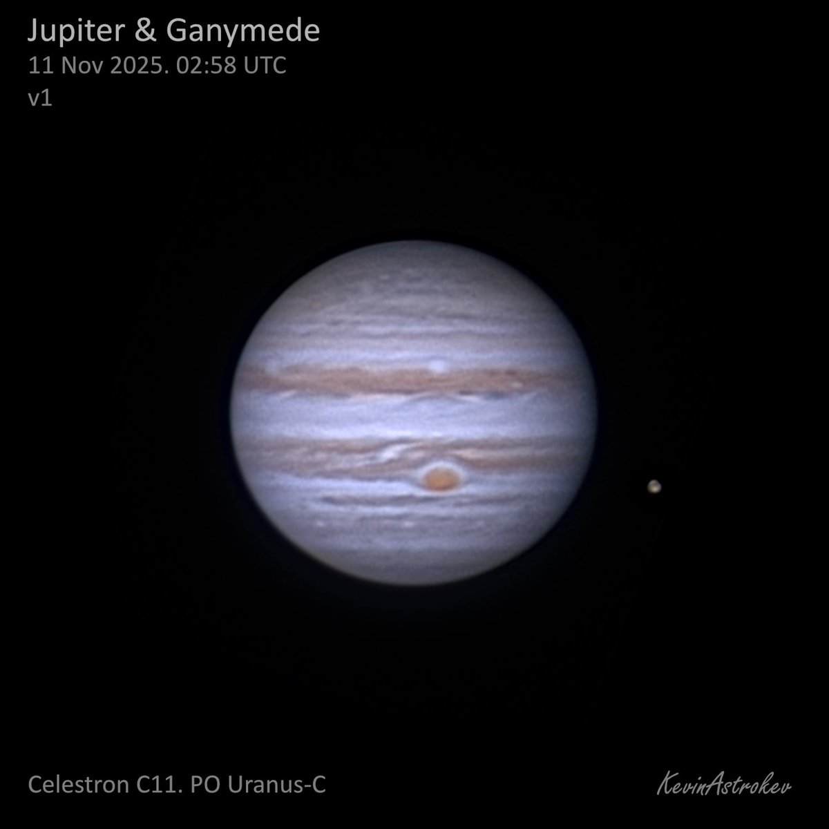 Jupiter imaged on Tuesday morning in good seeing, with the C11.
I think this is the first time I've captured vague albedo features on Ganymede, it's largest moon, which I was pleased about