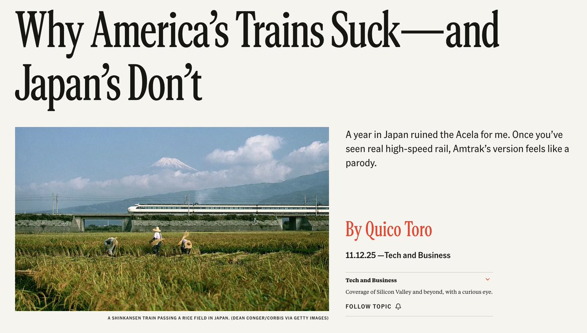 “I rode the train from New York to D.C. last month, and I have thoughts. I took the Acela, the flagship offering from Amtrak, America’s semi-nationalized, permanently beleaguered rail operator. The service spans the 225 miles that separate the sole superpower’s biggest city from
