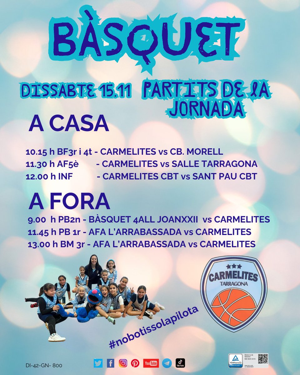 carmelitestgn's tweet image. #ADMTWC #ESPC dissabte partits a Can Carmelites i també a fora! Jornada intensa! Ho passarem bé! Som-hi equips!! #viucarmelites #ensagradaelbàsquet