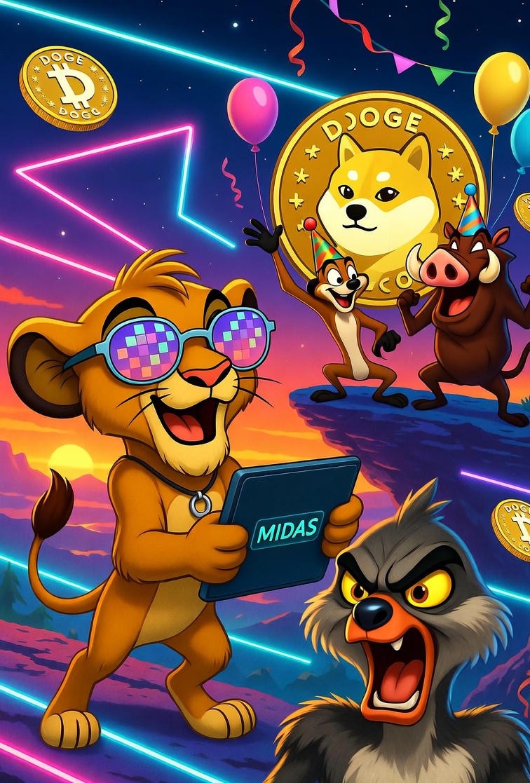 Demodex777's tweet photo. CRYPTO HUMOR!"Simba and the Dogecoin Disco on MIDAS!"
Simba dances on Pride Rock with a MIDAS tablet,Zazu flaps his wings."Simba, why do you need Dogecoin on the MIDAS blockchain?"grumbles Zazu.Simba:"It's a meme-crypto, like my dance!"
#MIDASBlockchain #CryptoParty #Investments https://t.co/ENZcbflmVQ