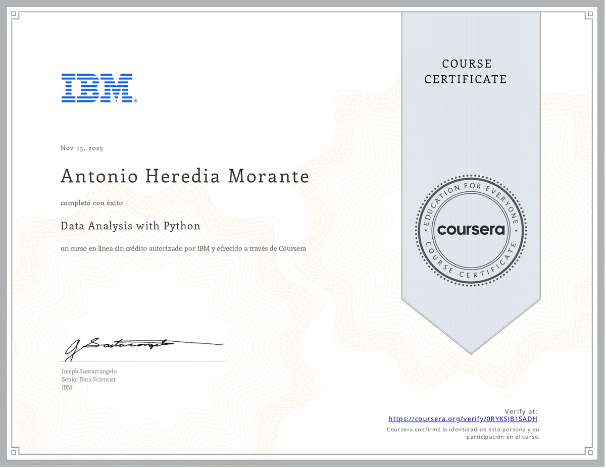 antoniohuesa's tweet image. ¡Acabo de terminar el curso Data Analysis with Python de @IBMData  en @coursera ! gracias a la becas @Fundae_es  Han sido semanas intensas: noches cortas, código que no compilaba y datasets que parecían no tener fin. Certificado verificable:
coursera.org/verify/0RYKSJB…
#DataAnalysis