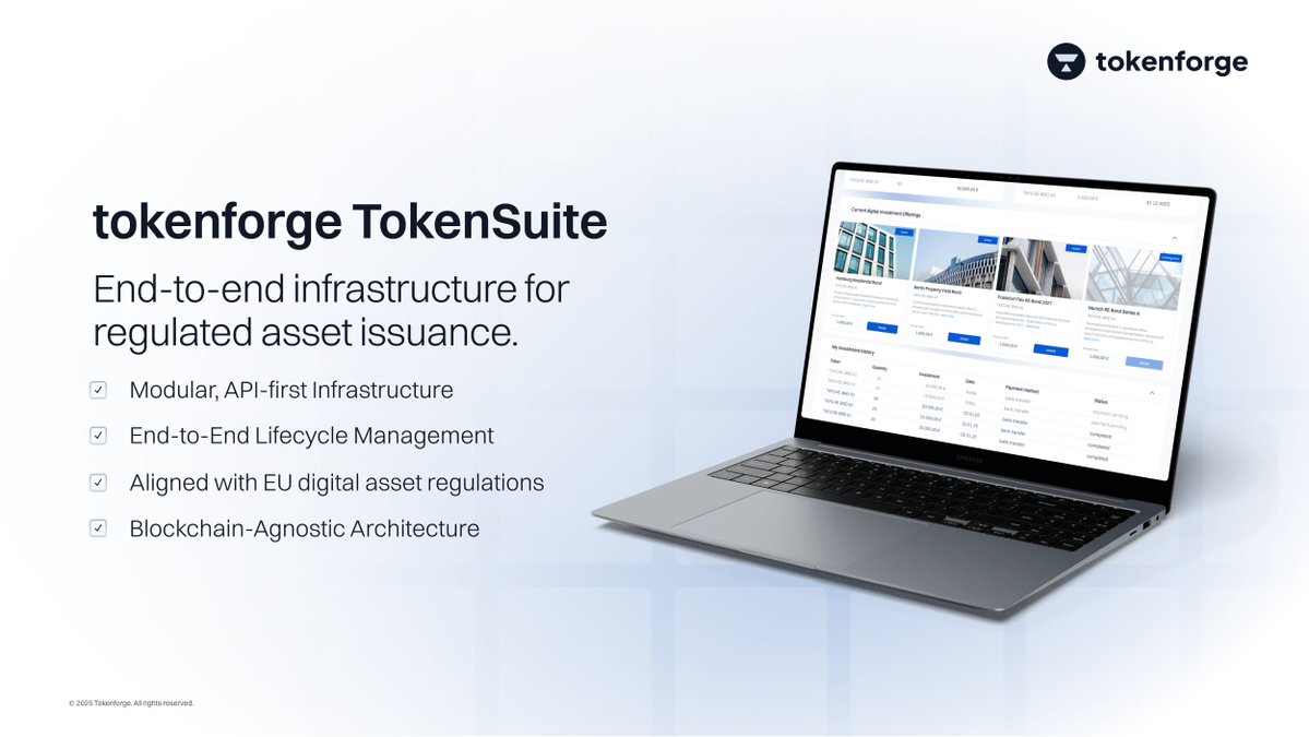 tokenforge's tweet image. The real challenge in tokenization isn’t technology or regulation - it’s connecting every layer of the financial stack.  

tokenforge enables issuers to manage compliance, custody, settlement, and reporting within one integrated, production-ready system,  covering the full Asset…