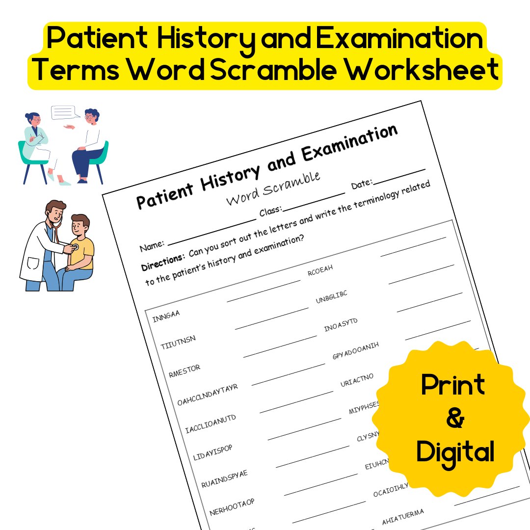 Hi,
𝐆𝐞𝐧𝐞𝐫𝐚𝐥 𝐌𝐞𝐝𝐢𝐜𝐢𝐧𝐞: 𝐏𝐚𝐭𝐢𝐞𝐧𝐭 𝐇𝐢𝐬𝐭𝐨𝐫𝐲 𝐚𝐧𝐝 𝐄𝐱𝐚𝐦𝐢𝐧𝐚𝐭𝐢𝐨𝐧 𝐓𝐞𝐫𝐦𝐬 𝐖𝐨𝐫𝐝 𝐒𝐜𝐫𝐚𝐦𝐛𝐥𝐞 𝐖𝐨𝐫𝐤𝐬𝐡𝐞𝐞𝐭. 
FREE:
teacherspayteachers.com/Product/Genera…