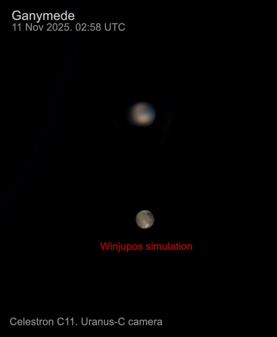 Closer view of Ganymede, Jupiter's largest moon,  and the biggest Moon in the solar system.
First time I've been able to capture vague surface markings, which I was pleased with. The lower image is a Winjupos computer simulation for the same time, which shows reasonable agreement