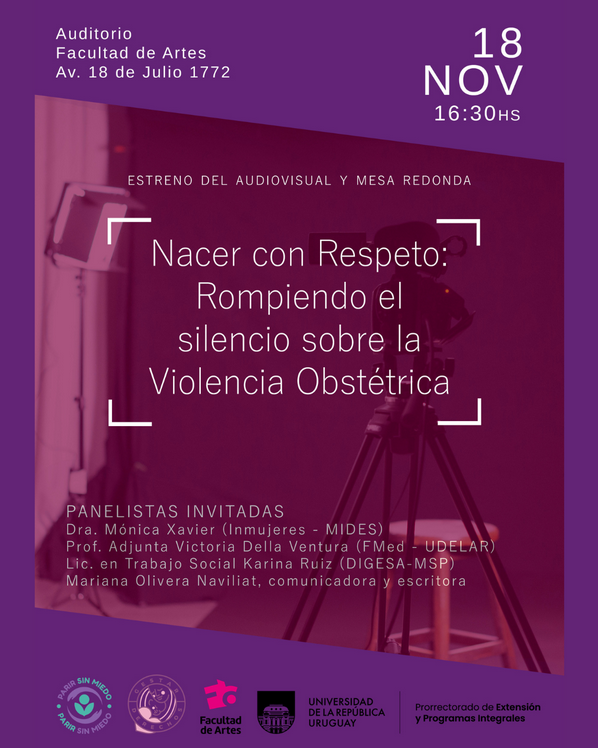 Udelaruy's tweet photo. 📽️ Estreno audiovisual y mesa redonda: «Nacer con respeto. Rompiendo el silencio sobre la violencia obstétrica»

🗓️ Martes 18 de noviembre
🕟 16.30h
📍 Auditorio de la Facultad de Artes (Av. 18 de Julio 1772, #Montevideo)

ℹ️ Más detalles: https://t.co/gnBWz4ngtm