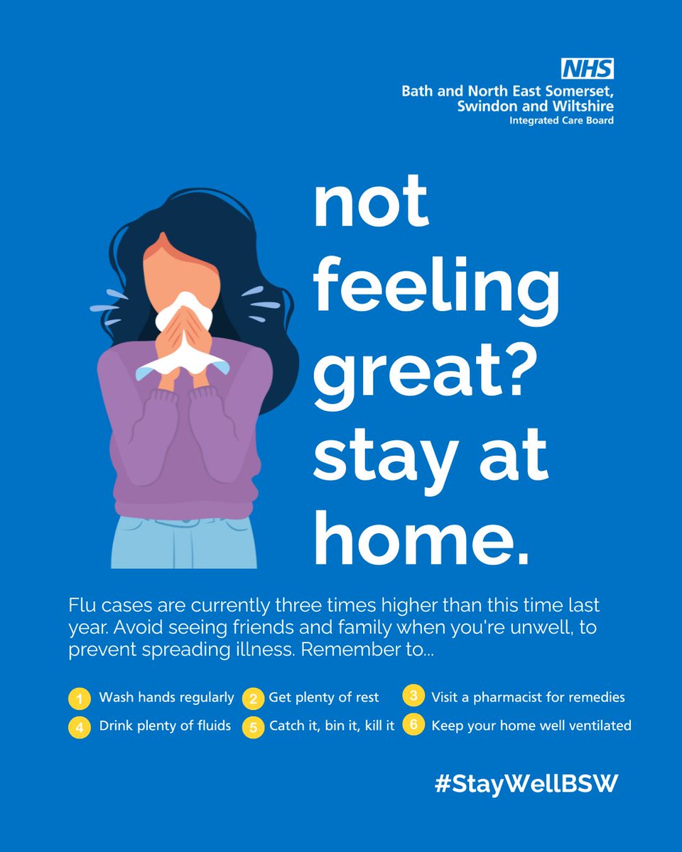 Not feeling great? Stay at home.

Flu cases are currently three times higher than this time last year. Avoid seeing friends and family when you're unwell, to prevent spreading illness. 

If you are ever in doubt, use 111.nhs.uk

#StayWellBSW