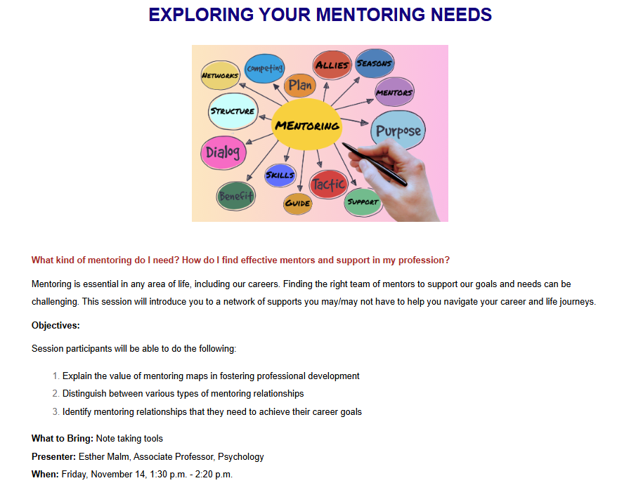 Mentoring isn't easy. And finding ways to be effective and supportive isn't either! Join Esther Malm, Associate Professor, Psychology Friday, November 14, 1:30 p.m. - 2:20 p.m. via Zoom to find out what you need to know to be efficient at it.

Register: tinyurl.com/2025FALLREGIST…