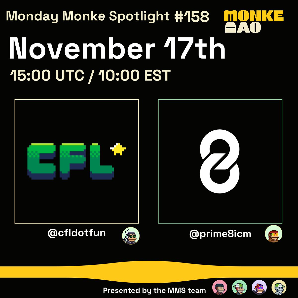 Join us for Monday Monke Spotlight #158 where we will be featuring awesome projects Monkes are working on!

✅ <a href="/cfldotfun/">Crypto Fantasy League | Download on Seeker 📱</a> 
✅ @prime8icm 

Tune in to hear from some Monke builders: 
📅 Nov 17th
🕙 10AM EST
🔗👇