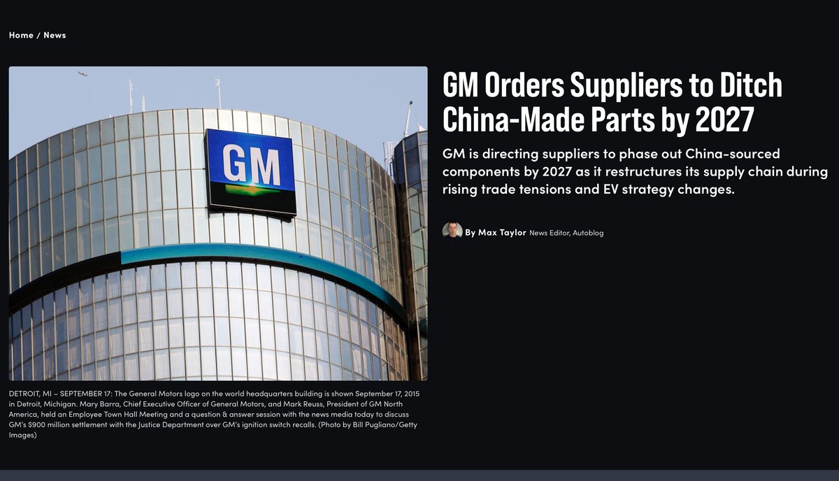 SawyerMerritt's tweet image. NEWS: General Motors is telling thousands of suppliers to begin phasing out China-sourced components for its North American–built vehicles, aiming for a transition as early as 2027.

GM wants everything from electronics and wiring to raw materials and basic hardware sourced…