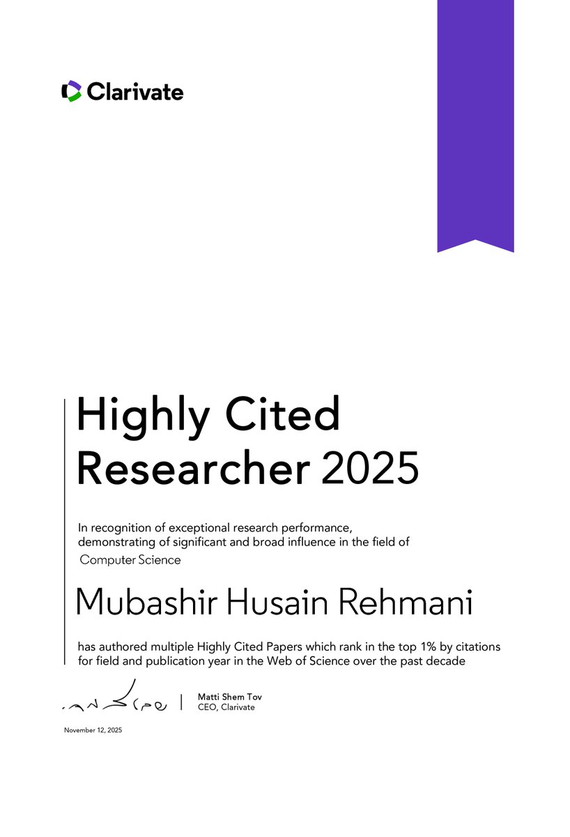 الحمدللہ، اللہ رب العزت کے فضل و کرم سے مجھے اس سال بھی دنیا کے ایک فیصد بہترین سائنس دانوں کی فہرست میں شامل کیا گیا ہے۔

یہ چوتھی دفعہ  ہے کہ مجھے اس فہرست میں شامل کیا گیا ہے الحمدللہ۔

#HighlyCited2025 <a href="/ClarivateAG/">Clarivate for Academia & Government</a> <a href="/Clarivate/">Clarivate</a> <a href="/muetpk/">Mehran University of Engineering and Technology</a>