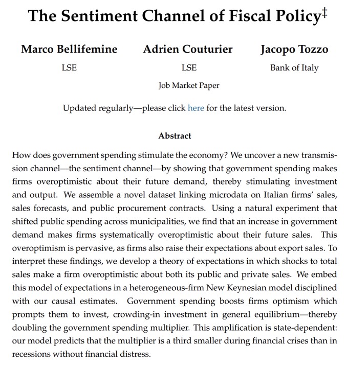 🚨 𝗝𝗼𝗯 𝗠𝗮𝗿𝗸𝗲𝘁 𝗣𝗮𝗽𝗲𝗿 🚨

“The Sentiment Channel of Fiscal Policy”, with <a href="/MBellifemine/">Maury_bellifemine</a> (LSE) &amp; J. Tozzo (Bank of Italy)

How does government spending stimulate the economy? We uncover a new transmission mechanism: the sentiment channel.

𝗜𝗻 𝘀𝗵𝗼𝗿𝘁: Government