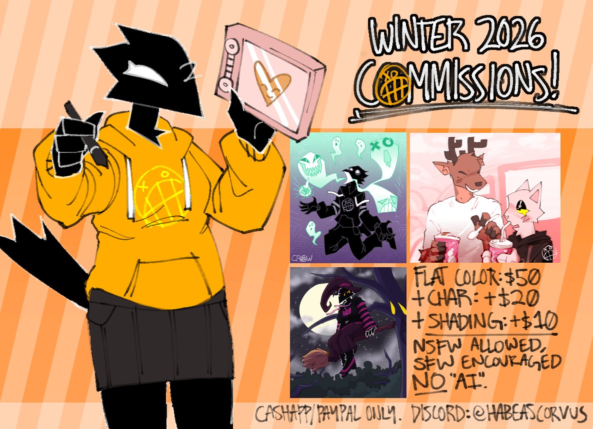 habeas_corvus's tweet image. I HAVE A NEW SHEET WITH LIMITED SLOTS! check it out!
TOS:
- NSFW allowed (18+ only), SFW is encouraged!
- DO NOT PROVIDE AI REFERENCES TO ME, OR ASK TO USE MY WORK FOR AI.
- payment is done AFTER WORK COMPLETION
reach out to me on discord @ habeascorvus!