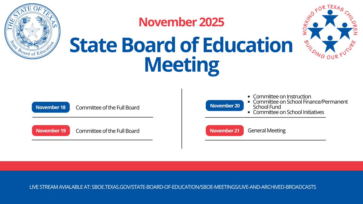 Registration for public testimony for the SBOE Regular Meeting closes tomorrow, November 14, at 5 p.m. CST. To register, visit sboe.texas.gov/about-tea/lead….