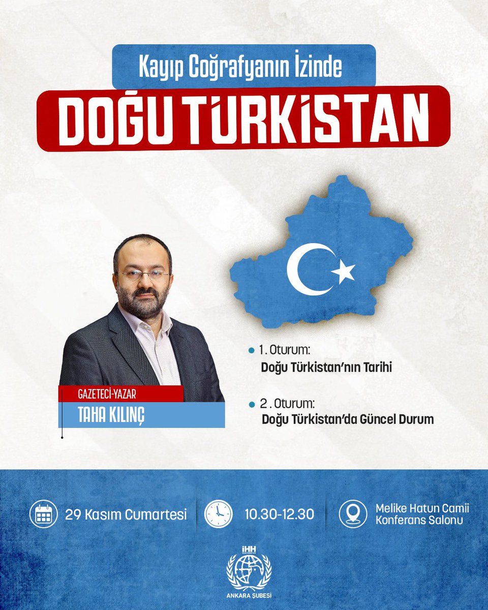 Taha Kılınç ile Kayıp Coğrafyanın İzinde: Doğu Türkistan programımıza tüm halkımız davetlidir.

Katılmak için lütfen formu doldurunuz.

🗓️29 Kasım Cumartesi 
🕙10.30-12.30
📌Melike Hatun Camii Konferans Salonu 

Katılım formu; forms.gle/iVryCMZfSAhkzL…
