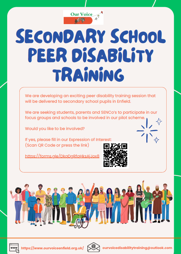 Can you help us develop our peer disability awareness training for secondary schools? We're looking for parents, young people &amp; SENCOs to join our Jan focus groups. 
£10 vouchers available for the first 10 parents &amp; young people to participate. 
Details: ourvoiceenfield.org.uk/news/show/344