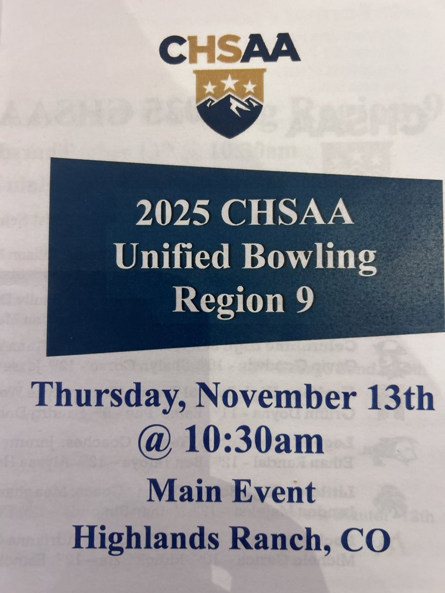 blwickoren's tweet photo. @CHSAA UNIFIED BOWLING 🎳- Region 9
7 high schools. Arapahoe, Chatfield, Columbine, Heritage, Legend, Littleton, RMP Smart at Main Event Highlands Ranch.  Top 3 go on to state next week.  #copreps https://t.co/Vcy4bCghNQ