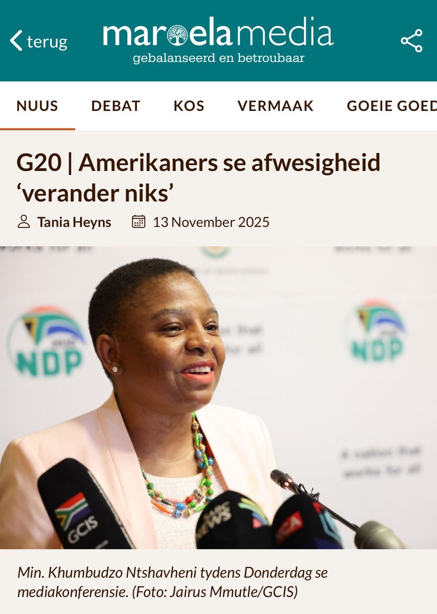 As die G20-lande se bruto binnelandse produk saam getel word, verteenwoordig die lande waarvan die presidente dit nie bywoon nie, 66%.

Ek verheug my geensins daaroor nie. Die skade wat die ANC aan die land berokken, is groot. Suid-Afrika se diplomatieke vermoë het feitlik
