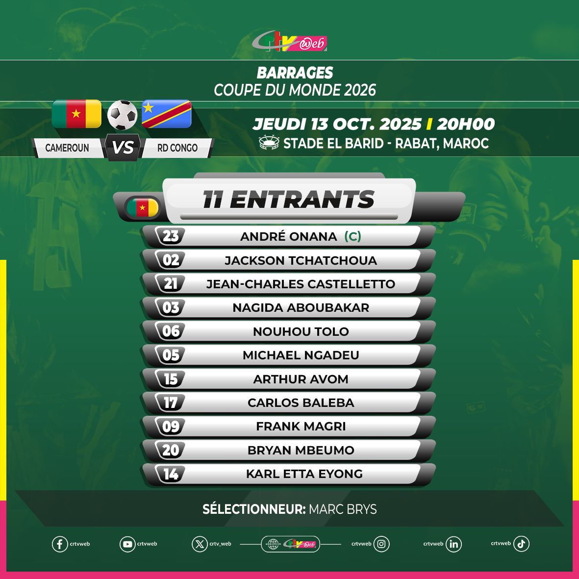 Elvis_Teke's tweet photo. #Barrage 

Cameroon #CMR vs DR Congo #DRC
World Cup Qualifiers

First 11 for Indomitable Lions of Cameroon https://t.co/xzlnJjM58G