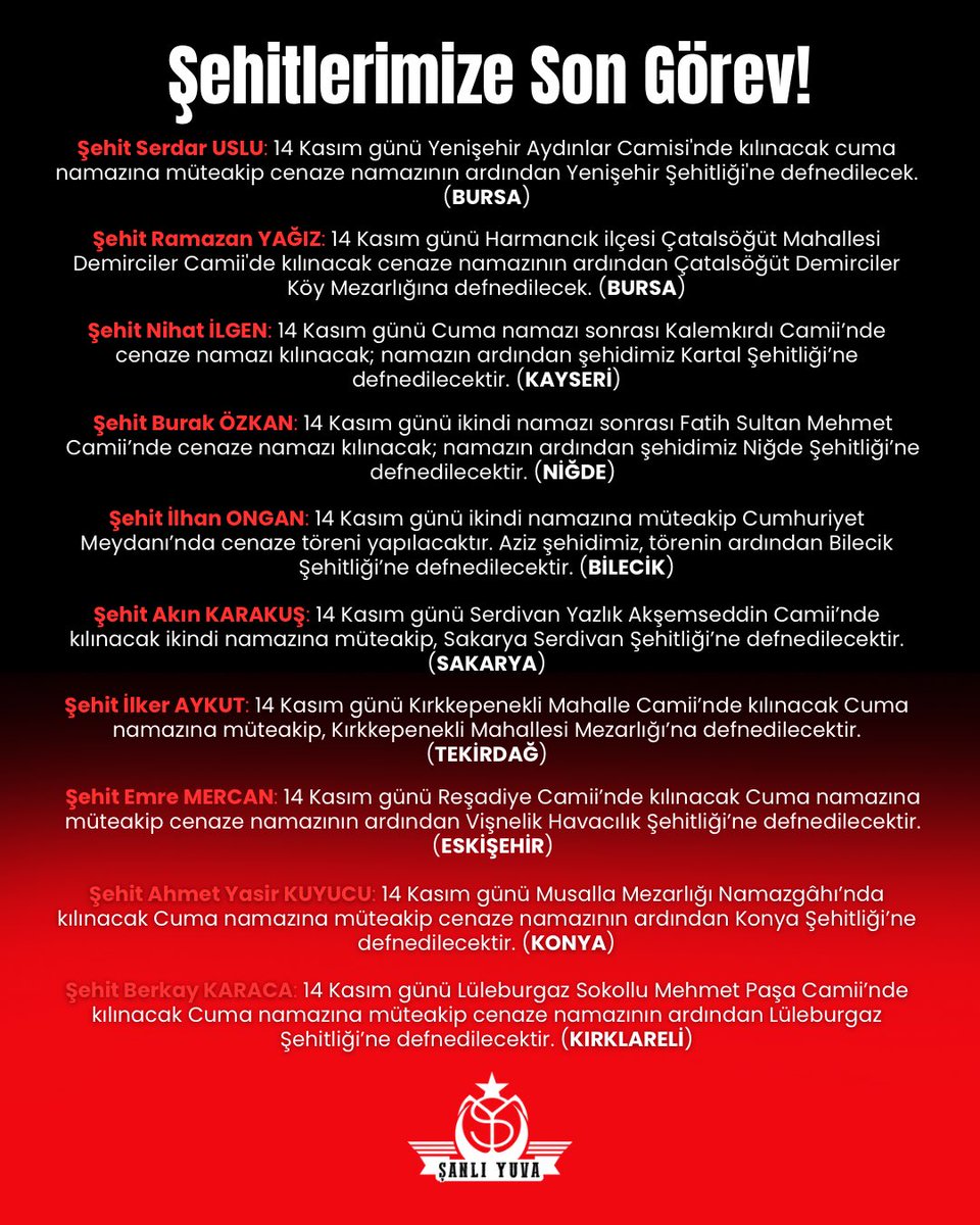 Aziz şehitlerimizin defin bilgileri. 

Lütfen şehitlerimizi ve ailelerini yalnız bırakmayalım.