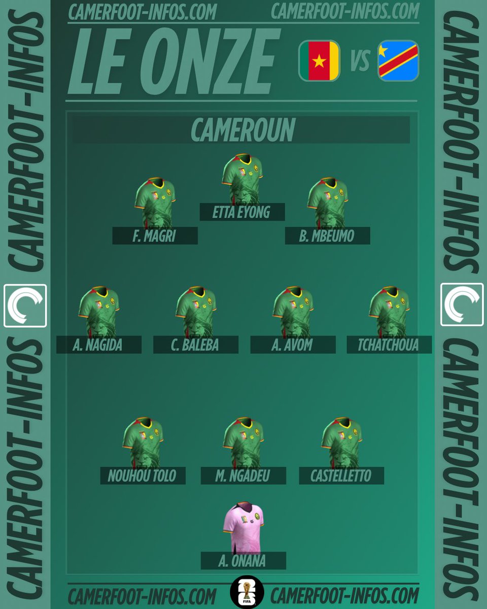 🔴 Comme annoncé par Camerfoot-Infos ce matin, voici le XI des Lions indomptables pour affronter la RD Congo. 🇨🇲🇨🇩 #camerfootinfos

André Onana est bel et bien titulaire et Capitaine. Aboubakar Nagida gagne la bataille  face à Darlin Yongwa. ✅