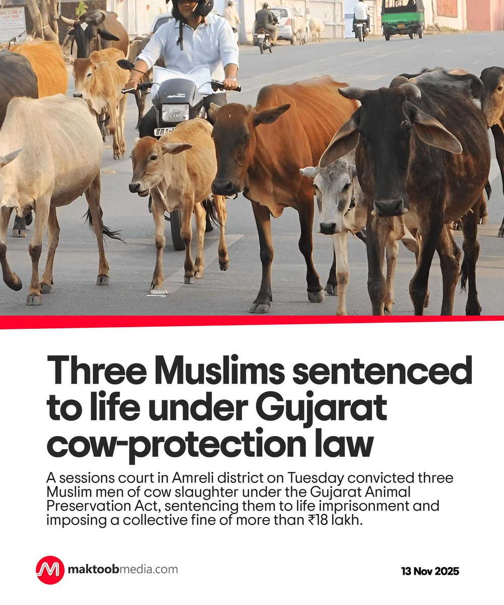MaktoobMedia's tweet image. A sessions court in Amreli district on Tuesday convicted three Muslim men of cow slaughter under the Gujarat Animal Preservation Act, sentencing them to life imprisonment and imposing a collective fine of more than ₹18 lakh.

maktoobmedia.com/india/three-mu…