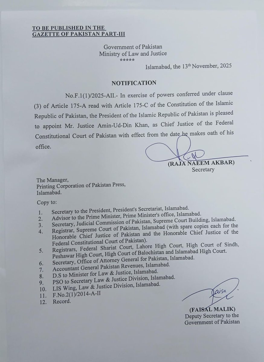 Notification of first Chief Justice Constitutional Court of Pakistan has been issued. Justice Amin uddin Khan who was about to retire in next two weeks has become first CJ FCC.