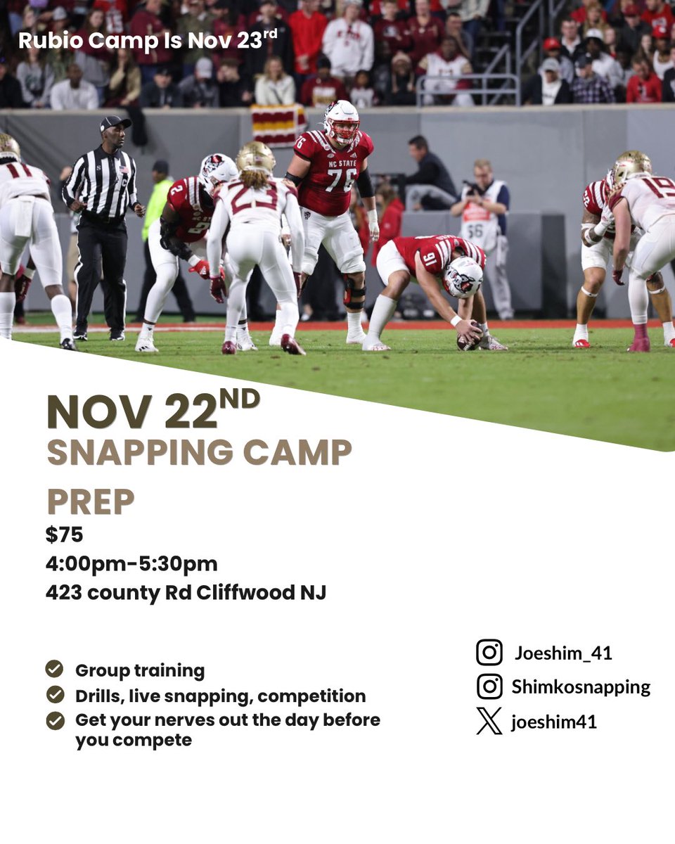 I will be having a <a href="/TheChrisRubio/">Rubio Long Snapping®</a> camp prep on Nov 22nd <a href="/IronHousePC/">Iron House Performance Center</a> in Cliffwood NJ. Message me to reserve your spot
