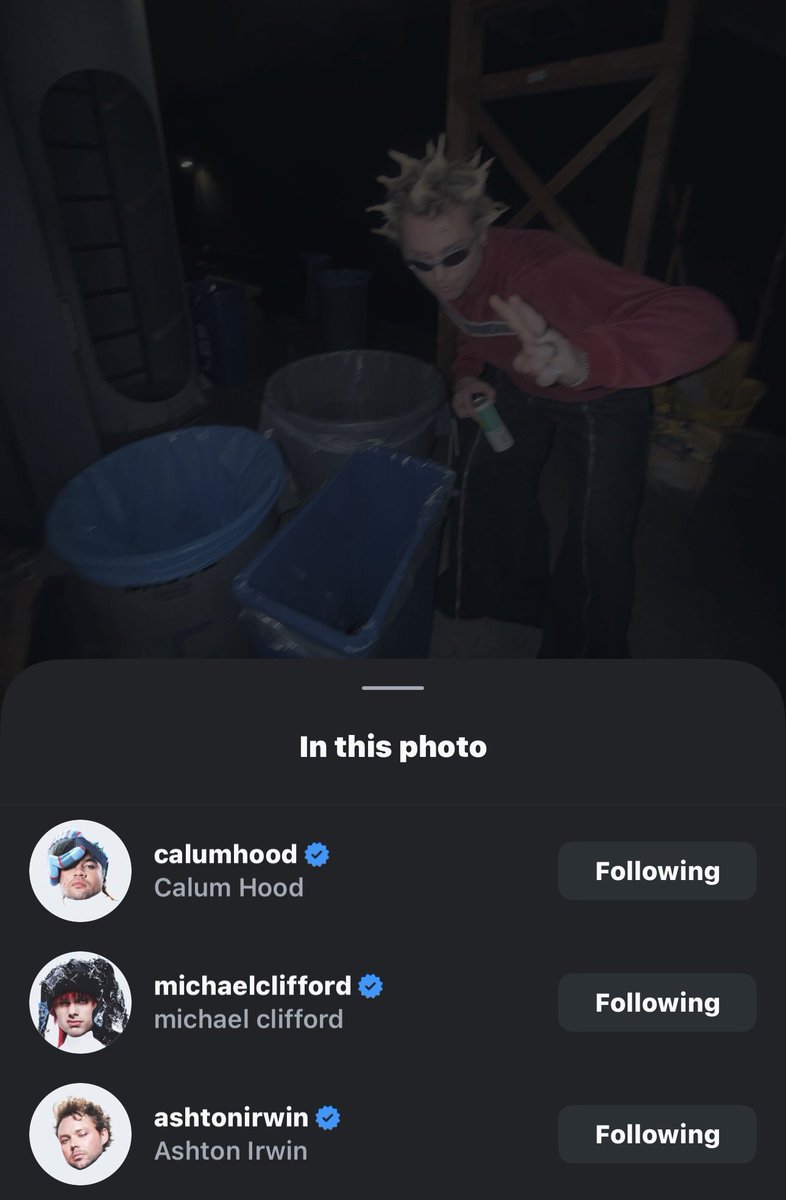 mgclilbitch's tweet image. luke posing with three trashcans and tagging the other guys oh he thinks he’s funny