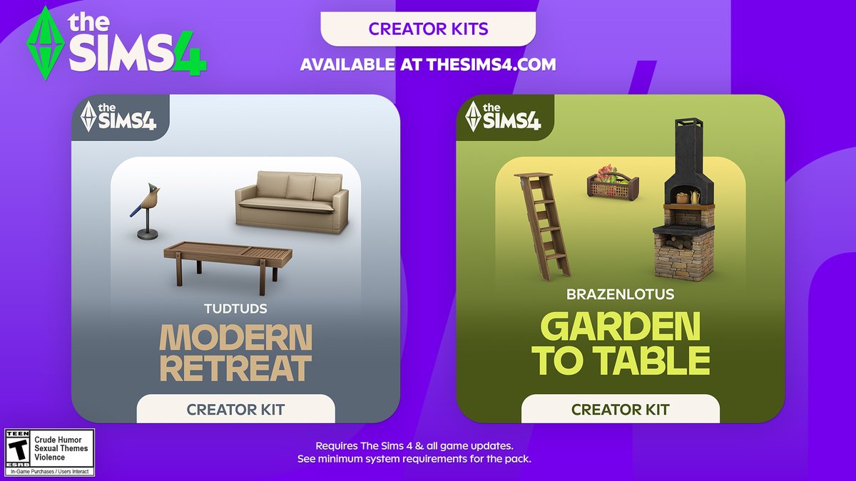 TheSims's tweet image. Find nature&apos;s beauty inside &amp;amp; out of your home with #ModernRetreatKit by @TudTuds 🫧 and #GardenToTableKit by @BrazenLotus ☘️
Available Now ✨
x.ea.com/77673