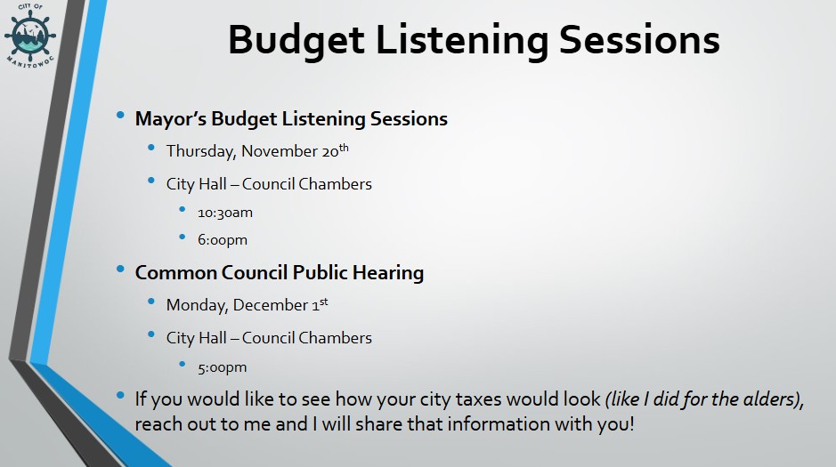 📣 Join me for the Mayor’s Budget Listening Sessions!

Have questions about the City budget? Want to learn more or share your ideas? This is your chance to get involved!

🗓  Thursday, November 20
📍 City Hall – Council Chambers
⏰ 10:30am or 6:00pm 

Your input matters! Come ask