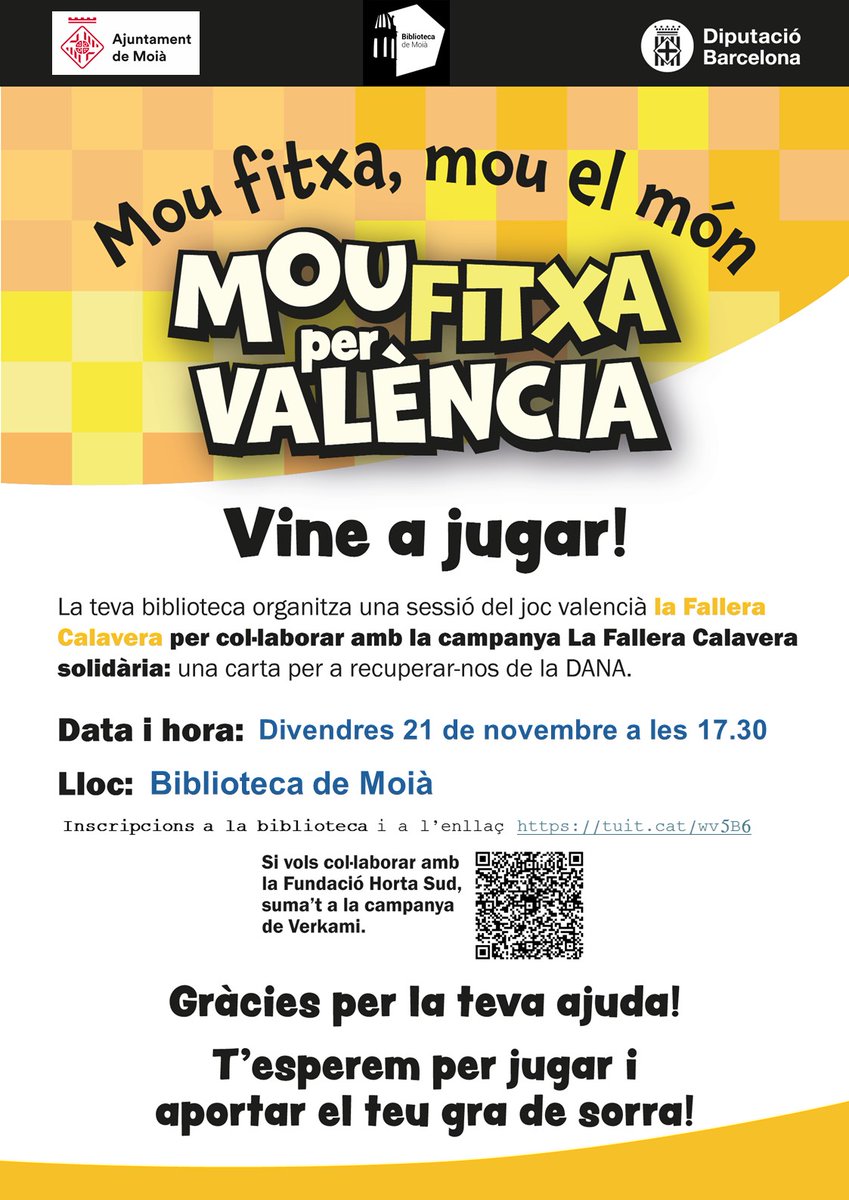 BiblioMoia's tweet photo. Ja us heu inscrit a la sessió del joc de cartes 'La fallera Calavera' que farem a la biblioteca?😀

📅 21/11
🕟 17.30
📍 Biblioteca de Moià
🖊️ Inscripcions a la biblioteca i a l'enllaç https://t.co/69BjPKqqKT

Us hi esperem!🤗

#BiblioMoià90 #bibliotequesbbm https://t.co/mJu3xnRJ4v