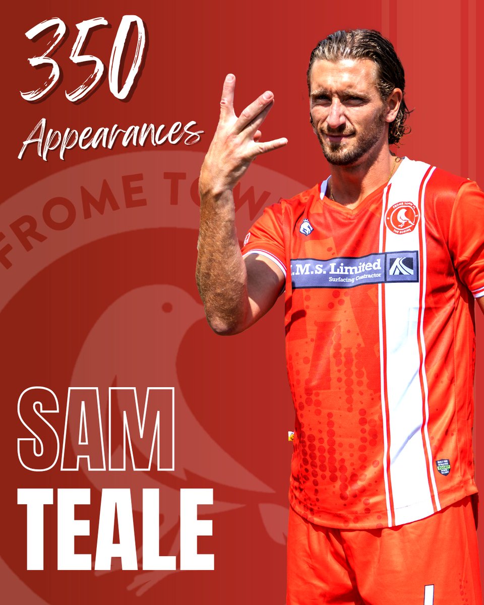 FromeTownFC's tweet photo. ⭐ 350 Appearances ⭐

Last night 🆚 Clevedon Town, Captain Fantastic Sam Teale made his 350th appearance for the Dodge!

Debuting in 2015, now in his 11th straight season, Tealey is just 💯 games from the club record!

UTFR ❤️ #FromeTown #MilestoneMan https://t.co/ZbetvzzJcq
