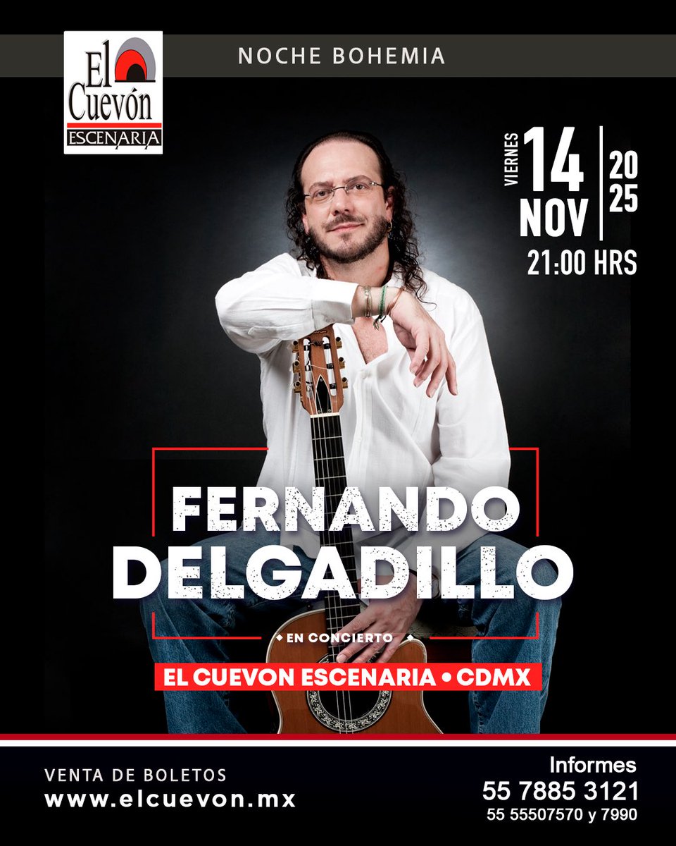 Amigos de #CDMX acompáñenme y cantemos juntos los temas favoritos, este viernes 14 de noviembre en  El Cuevon Df.

Boletos disponibles en venta.boletos.vip/ordertickets.a…

#FernandoDelgadillo