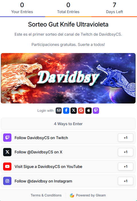 Inauguramos nuestro primer gran sorteo 🗡️

Gut Knife Ultravioleta FT ( Crafteado por mi mismo)

-Requisitos: tenéis tareas por completar en el enlace que os adjunto como respuesta a este Tweet. Cuantas mas completéis mas posibilidades tenéis !
RT 🔄 + Like ❤️