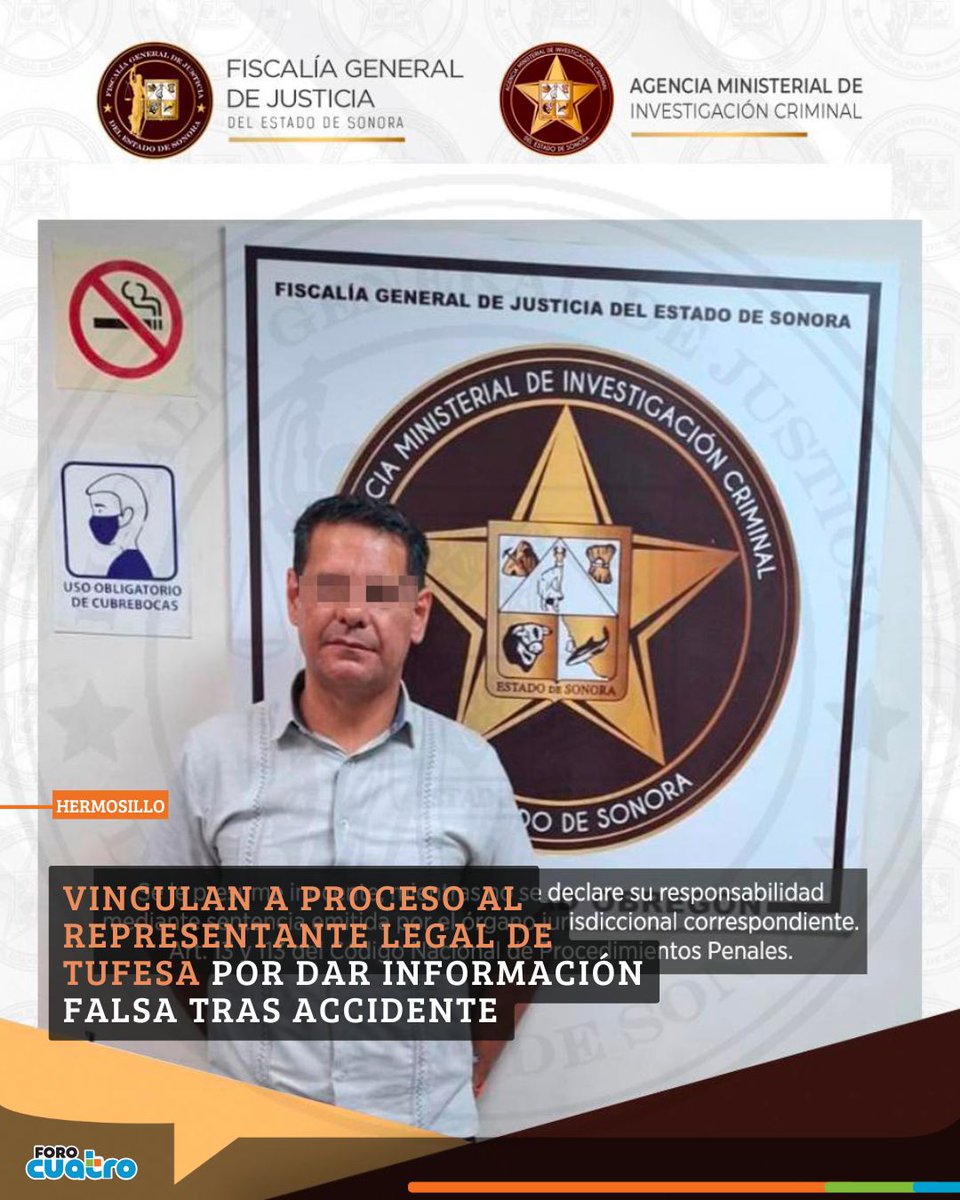 ForoCuatroTV's tweet photo. La Fiscalía de Sonora logró que Luis Fernando “N”, representante legal de la empresa Tufesa, fuera vinculado a proceso por haber dado información falsa...
👉👉 https://t.co/nF4wW8AFVy
#Sonora #FGJES #Tufesa #Justicia #CiudadObregón #Hermosillo #AccidenteTufesa https://t.co/o2N7cw6won