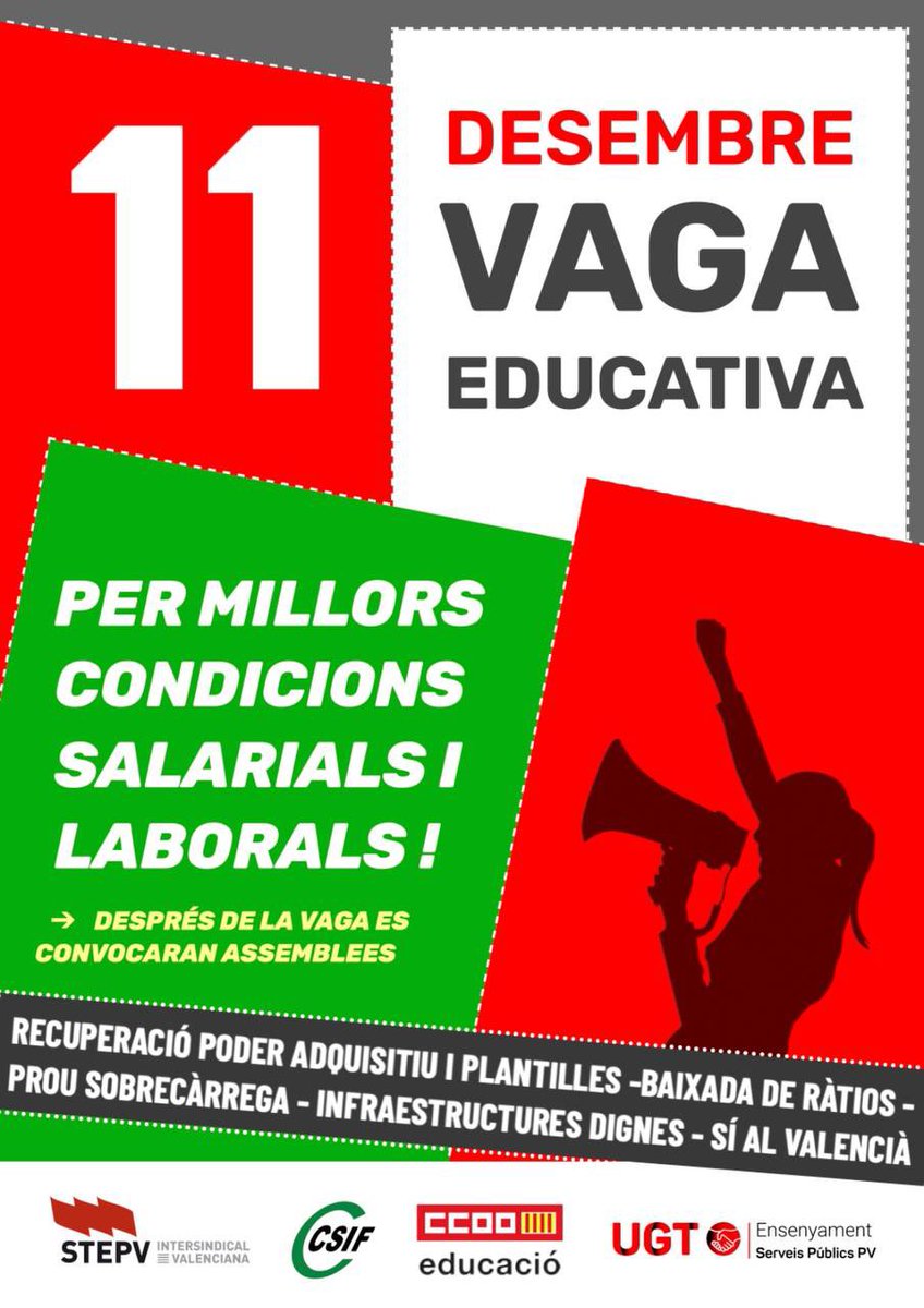 ‼PRIMERA VAGA EDUCATIVA: 11 DE DESEMBRE

👉CCOO, CSIF, STEPV i UGT hem acordat convocar la primera jornada de vaga en educació l’11 de desembre.

UNIDES SOM MÉS FORTES💪🏻 SUMA’T A LA VAGA EDUCATIVA‼️