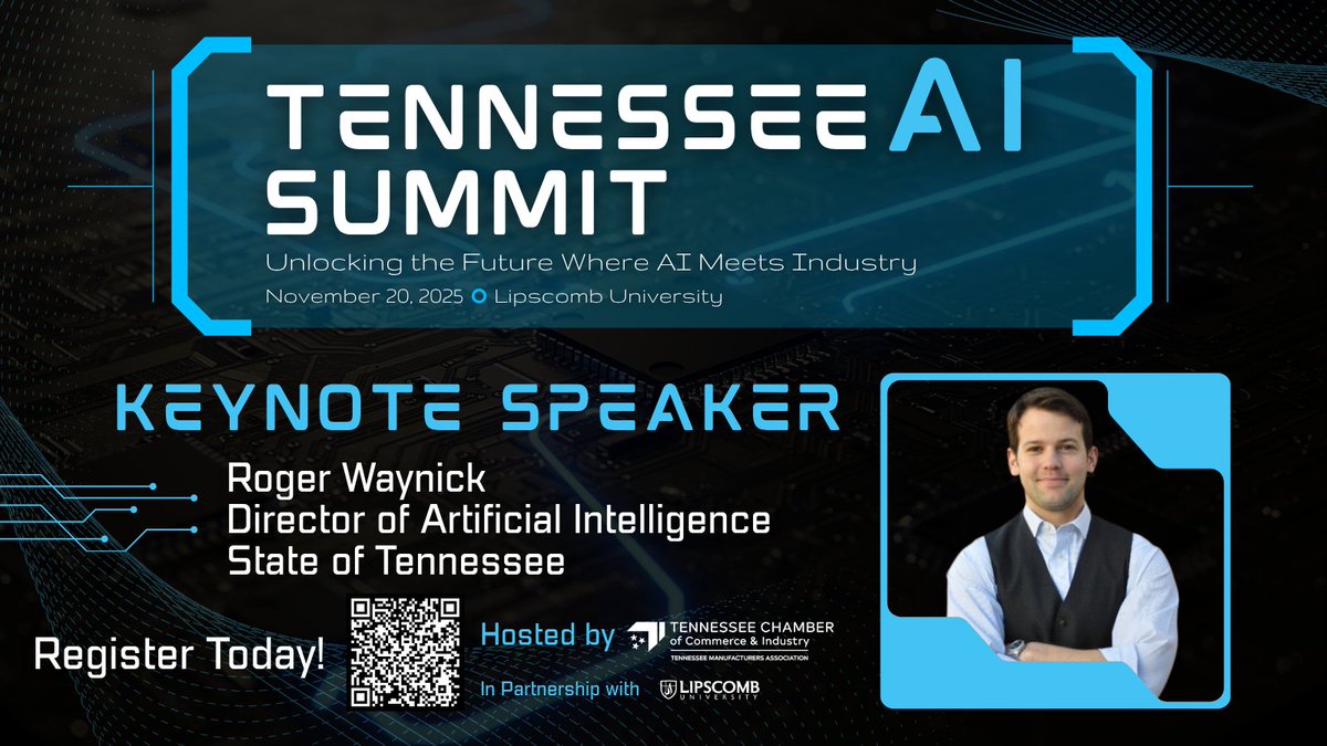 How is Tennessee building a national model for responsible AI? Join us at the Tennessee AI Summit on November 20th to hear from Roger Waynick, Director of Artificial Intelligence for the State of Tennessee, for his keynote address.
🔗tnchamber.chambermaster.com/events/details…