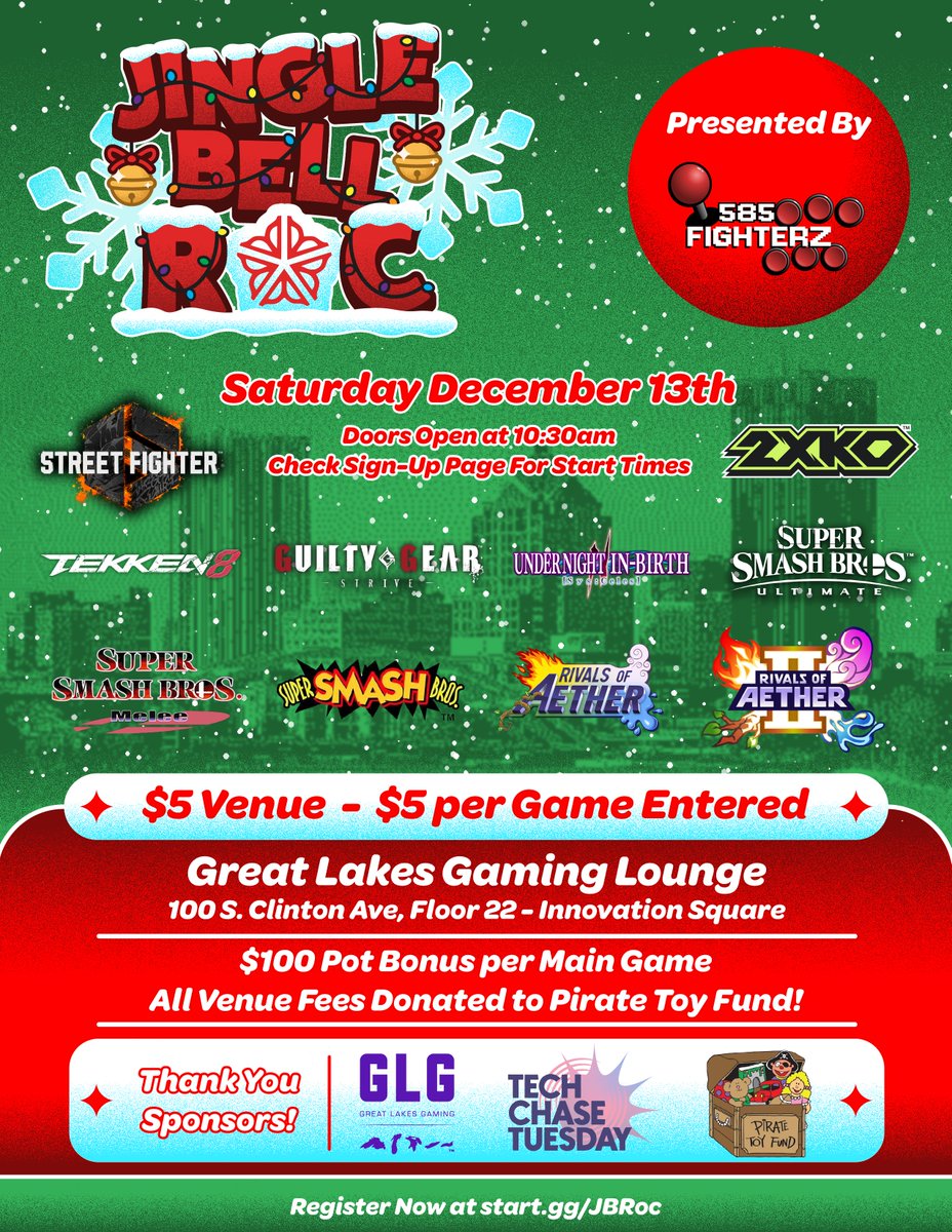 585FighterZ's tweet image. We're very happy to finally announce our big one! Registration for Jingle Bell ROC is open!

In exactly one month, we're emanating from 585Z HQ @GLGamingLounges  for JBRoc, which is our yearly gift to the Rochester/Upstate FGC and Smash scenes. Last year was our first and a major…