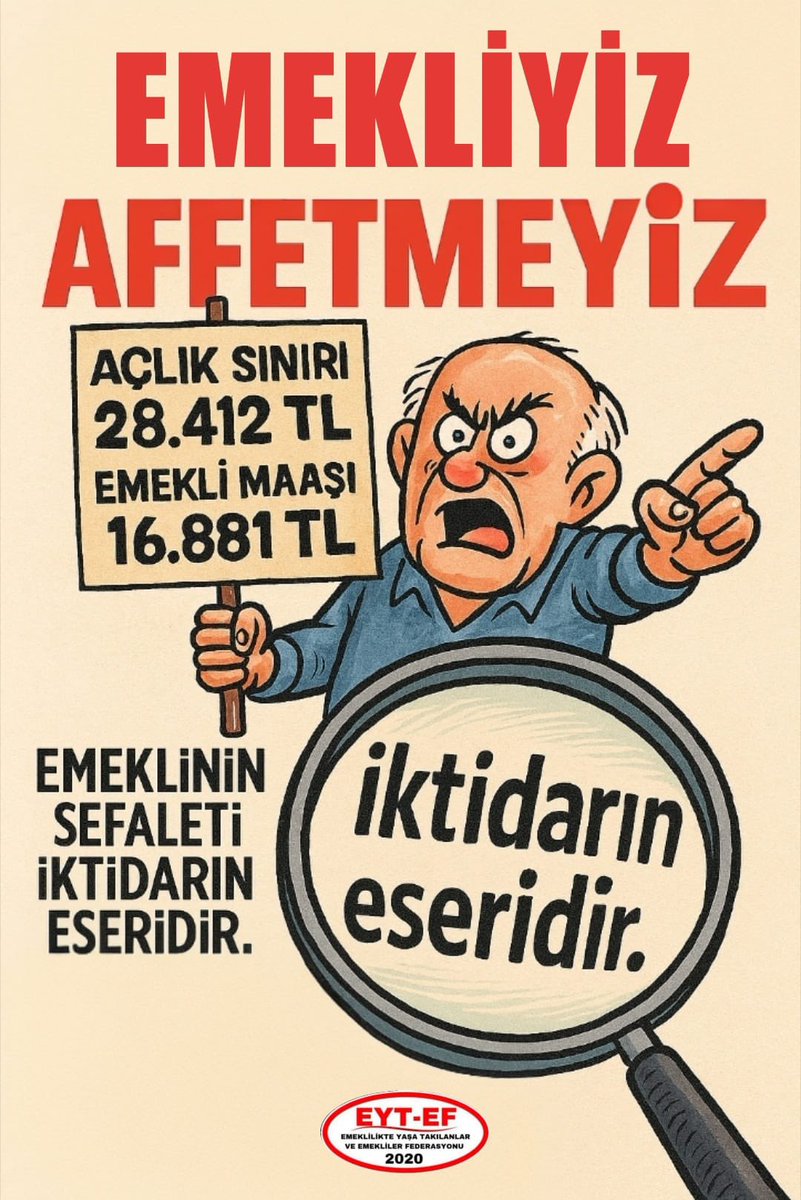 <a href="/EytEmeklilerFed/">EYT VE EMEKLİLER FEDERASYONU</a> <a href="/MDervisogluTR/">Müsavat Dervişoğlu</a> <a href="/BAGKURDERNEGI/">BAĞKUR VE EMEKLİLERİ DERNEĞİ (BAĞ-DER)</a> Hakediş  peşinde koşmak bizim kaderimiz oldu. Normal olarak almamız gereken her hakkımız daha verilmeden çekilip alındı. Vaz mı geçtik, hayır her bir hakkımız helaldir ve hepsini geri alacağız❗️
👇
#EmekliyizAffetmeyiz 
#EYTli5000KısmiAffetmez