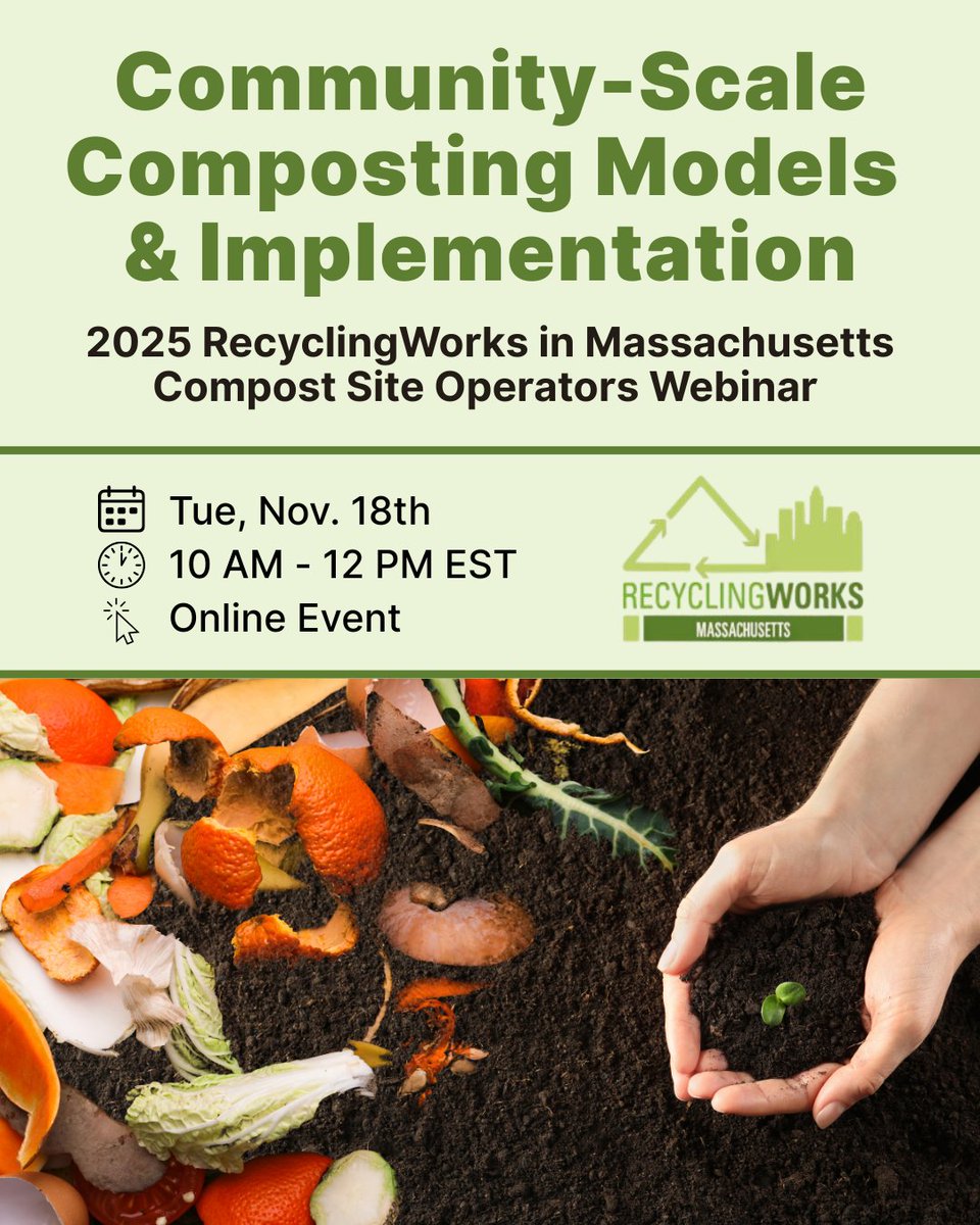 Less than one week to go! 
Free Compost Site Operators Webinar Tue, Nov 18, 10–12 ET.
With James McSweeney (Compost Technical Services / The 131° School of Composting).
Agenda:
• Composting models
• MA site (TBA)
• RWMA assistance
• Q&amp;A
Register: recyclingworksma.com/events/2025-re…