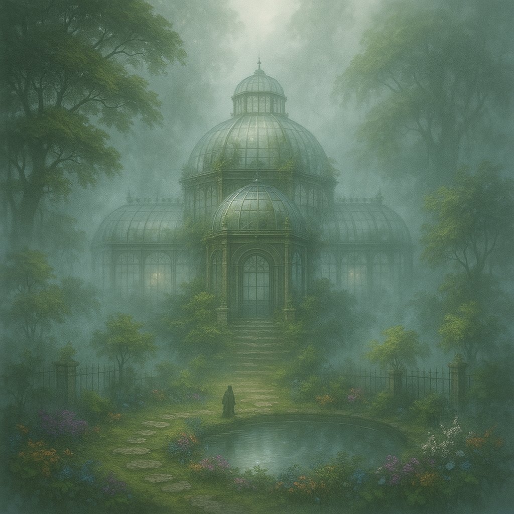 funfungen's tweet image. 🌿白霧の温室庭園
霧に包まれた硝子の館、眠れる花々が静かに息づく。水面に映る緑影が、時を忘れさせる。
 #幻想風景 #温室庭園 #白霧