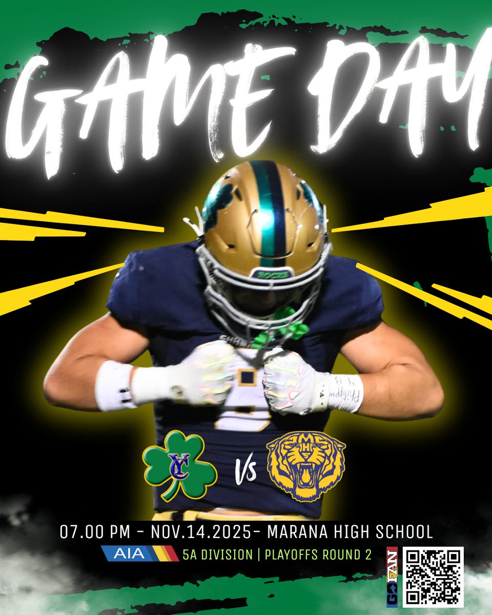 Road to round 2: Shamrocks vs. Marana Tigers 🏈🔥 Kickoff 7 PM at Marana High. Grab your ticket now on GoFan — scan the QR or tap the link: gofan.co/event/5248383 Who’s coming to cheer the Shamrocks? 🍀 #YCShamrocks #AIA5A