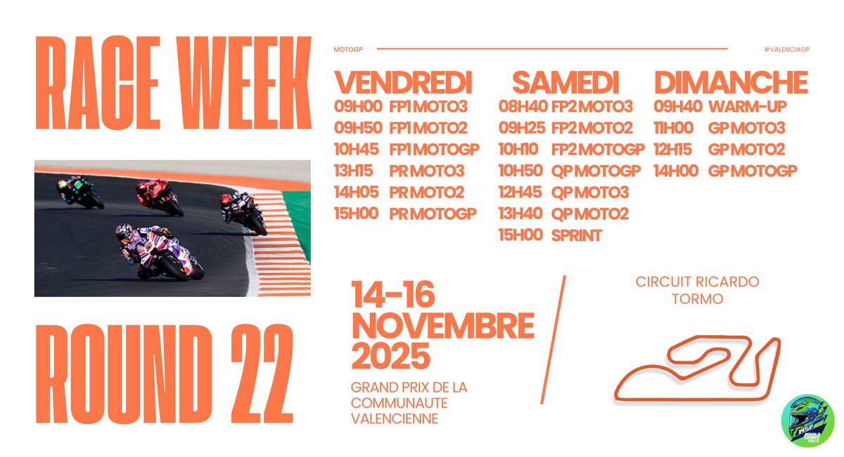 🟠 #RaceWeek | 𝗚𝗥𝗔𝗡𝗗 𝗣𝗥𝗜𝗫 𝗗𝗘 𝗩𝗔𝗟𝗘𝗡𝗖𝗘 🇪🇸

Ce week-end, c'est déjà le dernier round de cette saison 2025. 😔 Comme traditionnellement, le circuit de Valence accueille la grande finale, surtout celle en Moto2 ! 🏆 Demandez le programme 🕑📲

#MotoGP
#ValenciaGP